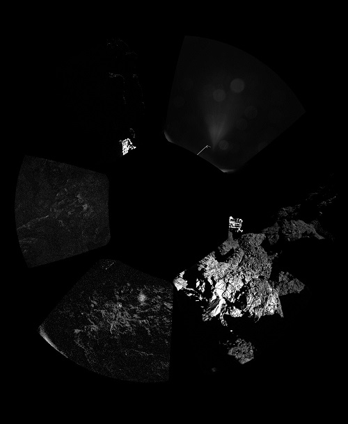 Panorama van de landingsplaats van en door Philae. (Met zeer veel schaduw). Twee landingspoten lichten op in de duisternis. De eerste foto is rechts onder te zien op die pano. Bron ESA.