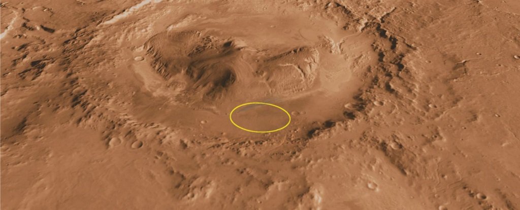 De krater Gale (diameter zowat 100 km) met in het midden Mount Sharp. En aan de voet van die 5 km hoge berg, de ellips waar Curiosity netjes in het midden geland is.