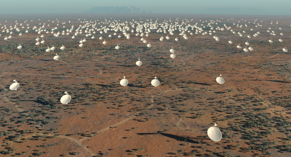 Artistieke impressie van het Square Kilometre Array (SKA) in het binnenland van Australië.